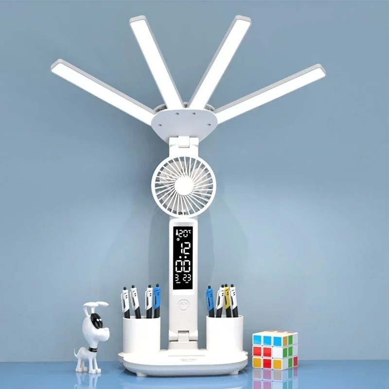 Multifunktionale LED Tischlampe mit Uhranzeige, Handyhalter & 3 Lichtfarben – Klappbares Design