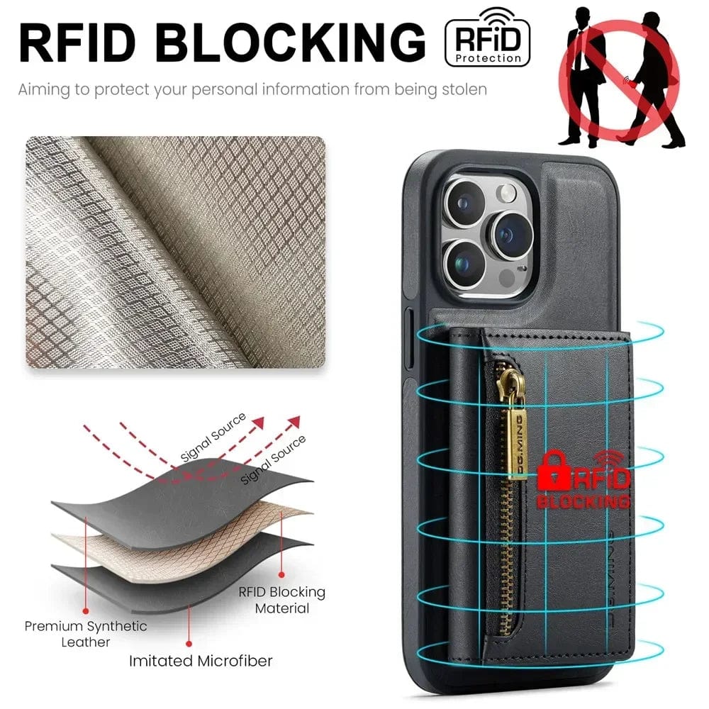 RFID iPhone Wallet Hülle | Abnehmbare magnetische Leder-Autohalterung Stoßfeste Hülle