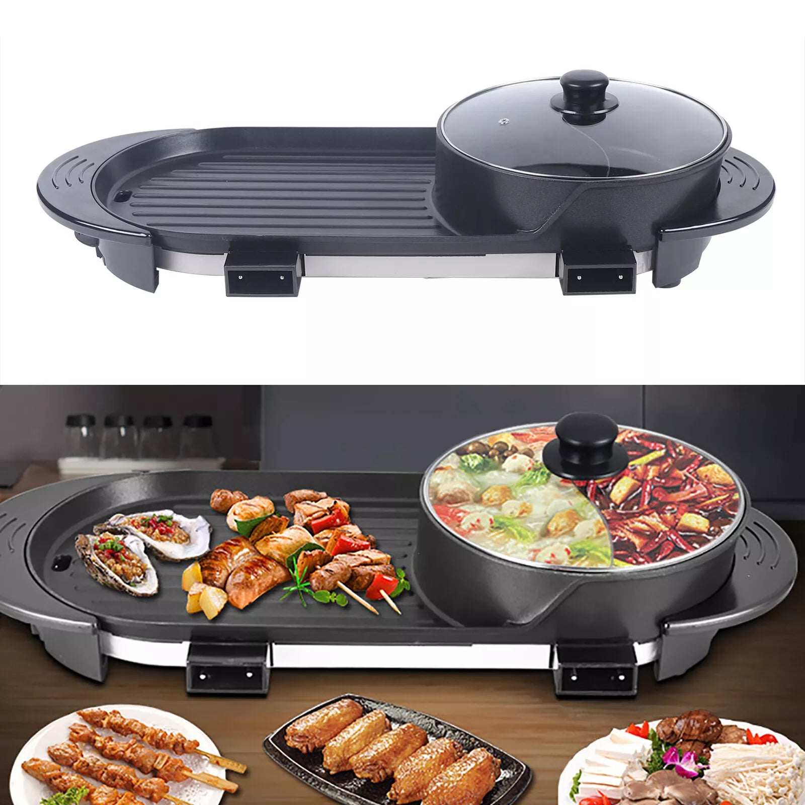Tragbarer elektrischer 2-in-1 Antihaft-Tischgrill mit Heißtopf Indoor-Thekengrill