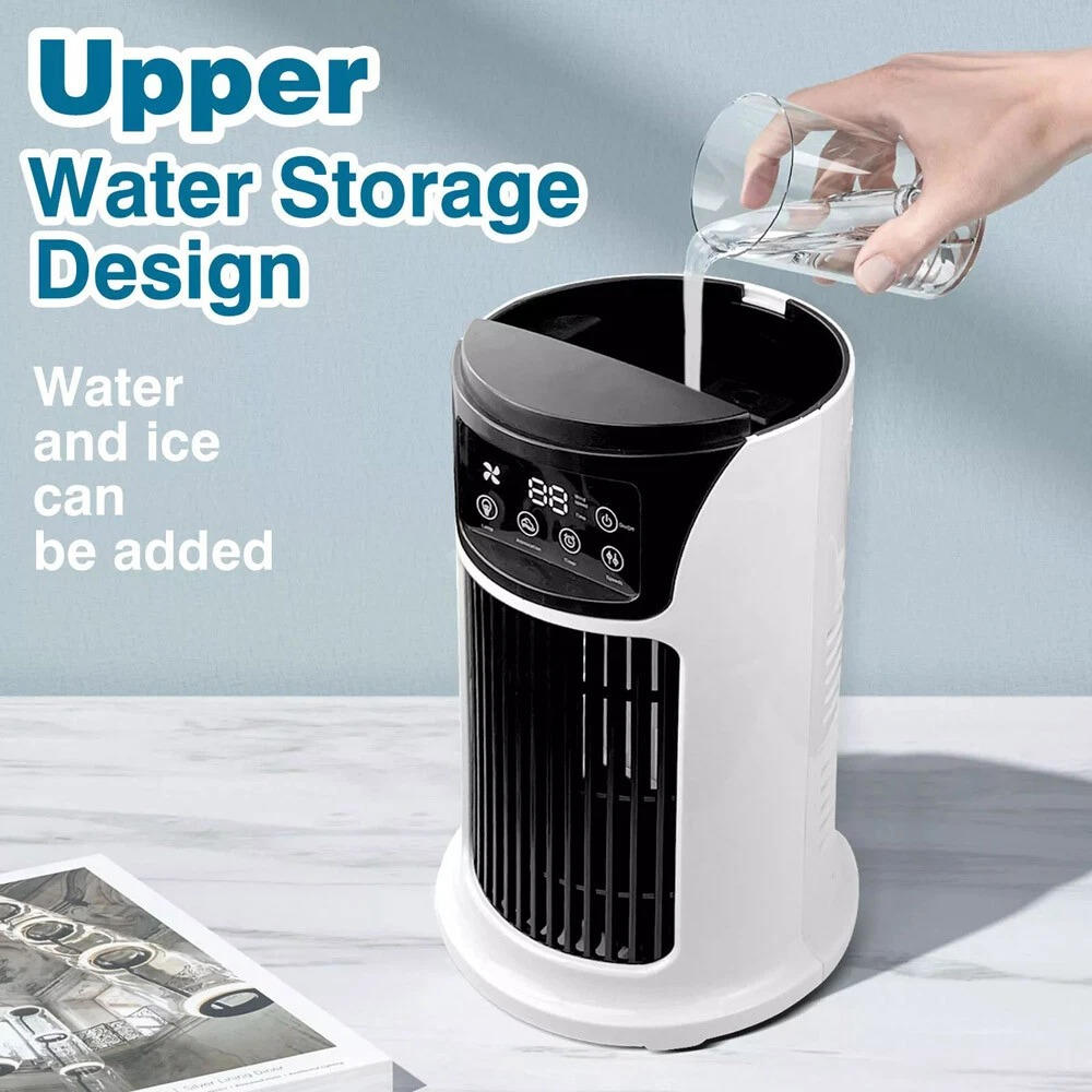 Tragbarer Raumklimagerät 3-in-1, USB, 6 Geschwindigkeiten, Luftbefeuchtung & Filter, 8h Laufzeit, LED-Ambientlicht