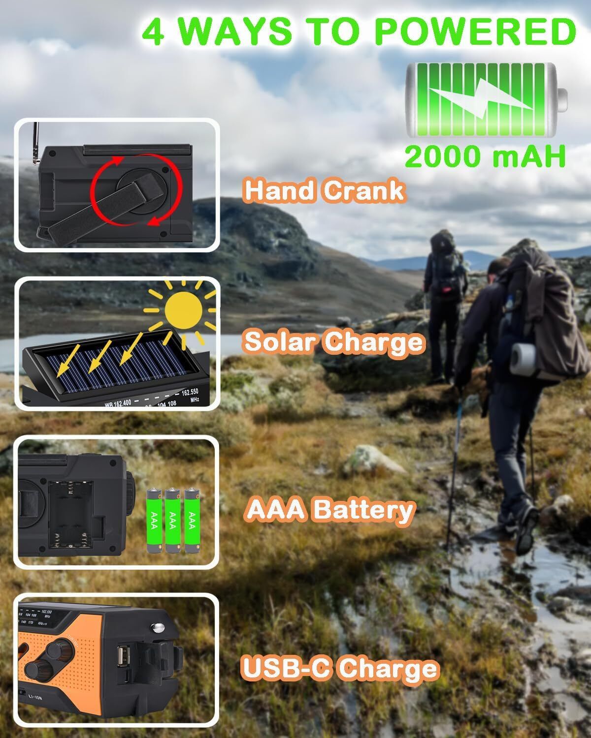 Notfall-Solar-Handkurbel-Wetterradio 2000Mah Powerbank-Ladegerät
