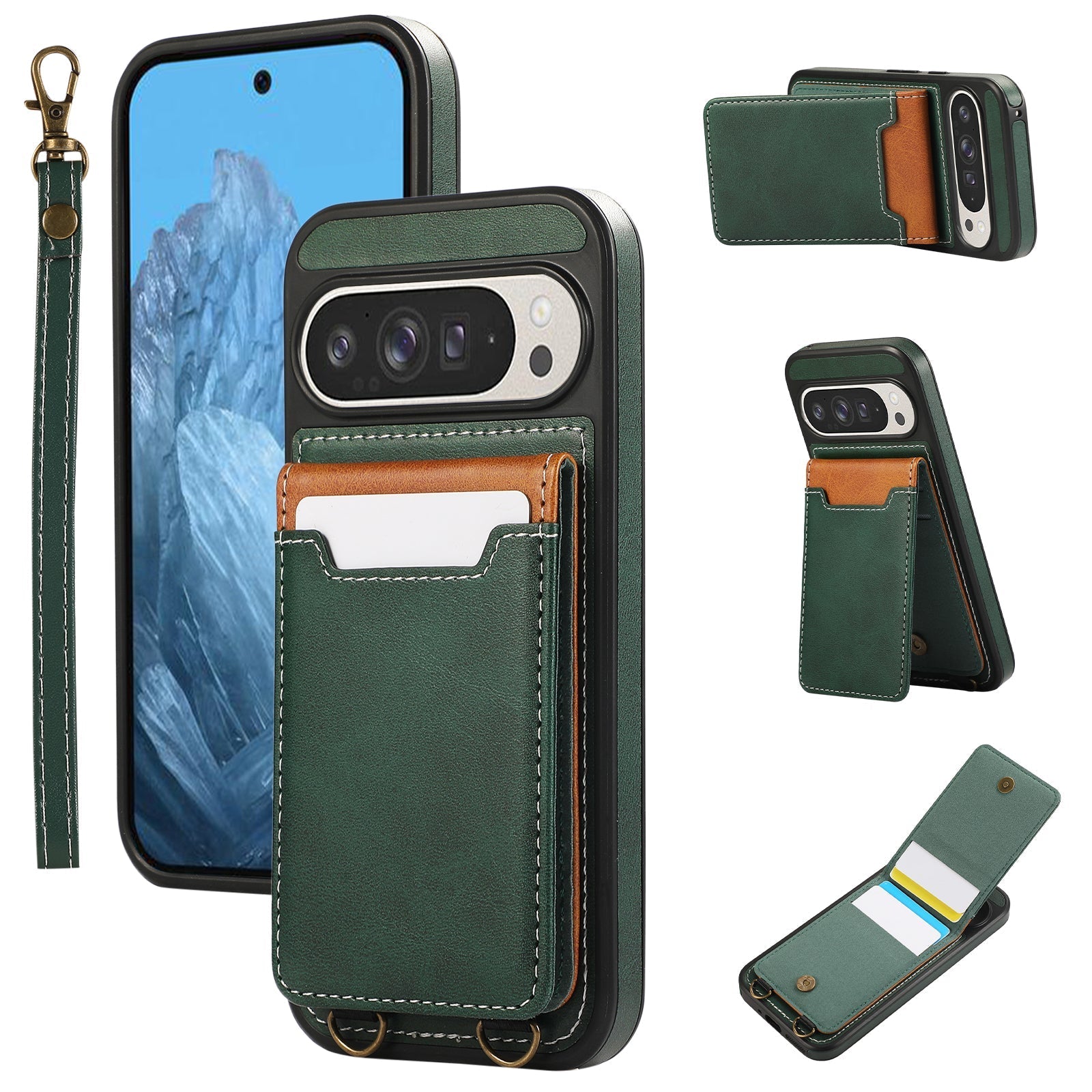 SnapWallet Pixel 9, 8 Leder Kartenhalter Etui mit Kickstand & Lanyard