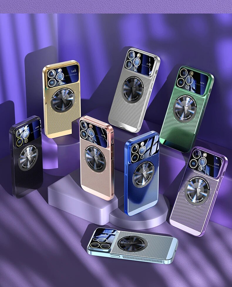 Luxus wärmeableitendes Magnetgehäuse als iPhone-Hülle | MagSafe Case mit galvanisiertem Metallrahmen und vergrößernder Glaslinse als Kameraschutzabdeckung für Apple iPhone 15/14/13/12 Pro Max Plus Cover | Panzertasche, hochwertige Handyhülle