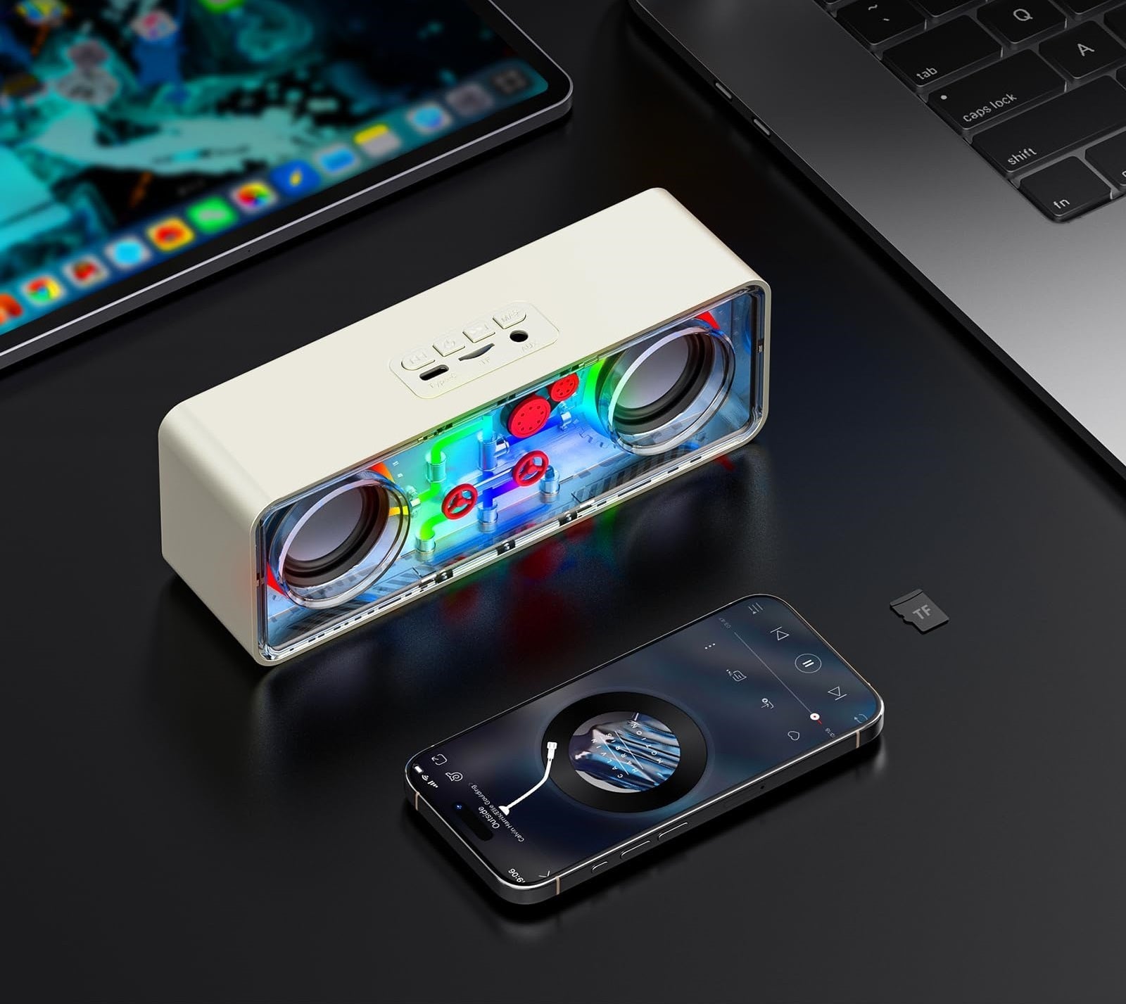 V8 Kristallklares Dual-Speaker Bluetooth Soundsystem – Transparenter RGB Punk-Stil für hochwertigen drahtlosen Audio-Genuss
