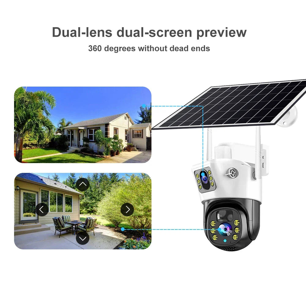 V380 Dual-Lens 4MP Solar Wireless-IP-Kamera Außen, 360° Ansicht, IP66 wasserdicht, Zwei-Wege-Audio, PIR-Bewegungserkennung, 400MP insgesamt, WiFi-Sicherheit
