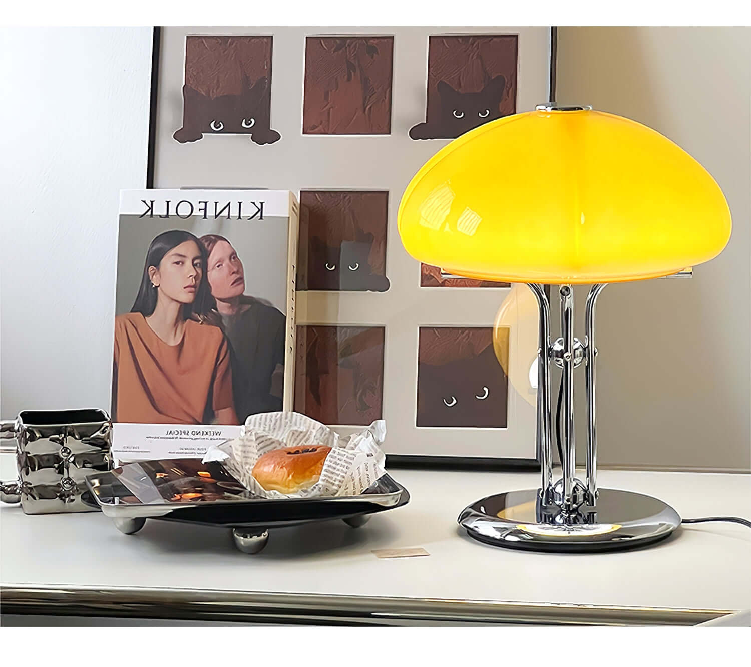 Pilz Design Tischlampe Glas Bernstein