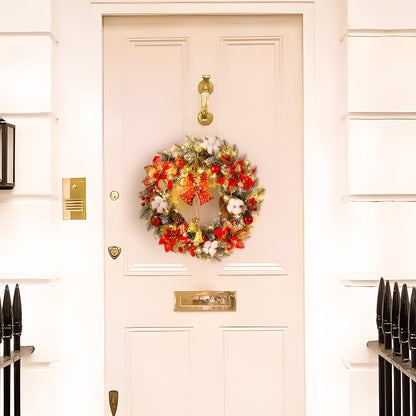Weihnachtskranz mit Glocken LED-Lichtern roten Schleifen und Ornamenten
