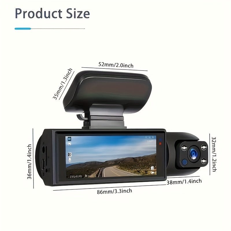 1080P Dual Camera Dash Cam für Autos mit IR-Nachtsicht, Schleifenaufnahme und Weitwinkelobjektiv - 8,03 cm IPS-Bildschirm