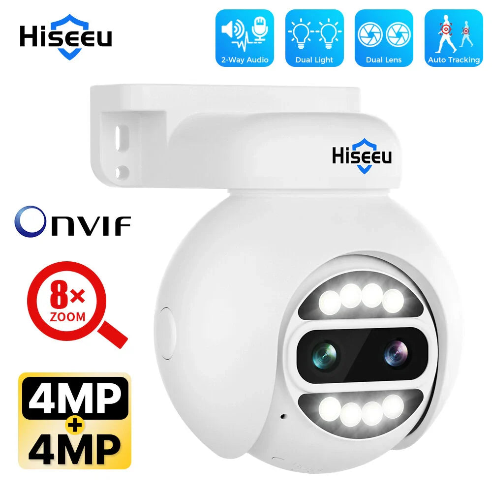 Hiseeu Dual Lens 4MP PTZ POE IP Kamera - 8X Zoom, Vollfarb-Nachtsicht, 2-Wege-Audio, H.265+, IP65 Wasserdicht CCTV Überwachung