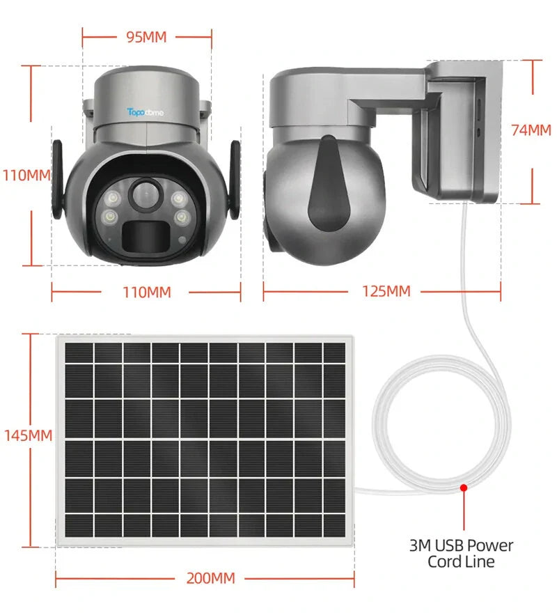 Topodome 4G Solar PTZ Außen Sicherheitskamera, 3MP/4MP, WiFi, Sprachsprechstelle, PIR-Erkennung, Flutlicht, Niedrigenergie mit Batterie &amp; TF-Karte
