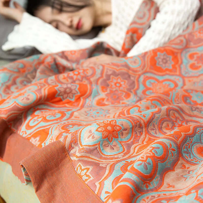 Hochwertige 6-lagige Baumwolldecke, Orange-Blau