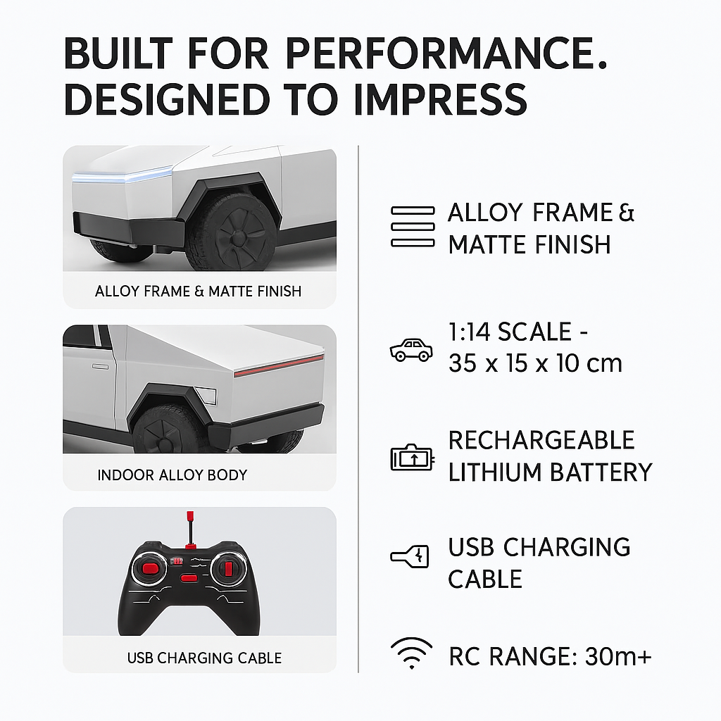 Tesla CyberTruck RC Auto 1:14 – ferngesteuert, Legierung, Offroad, wiederaufladbar