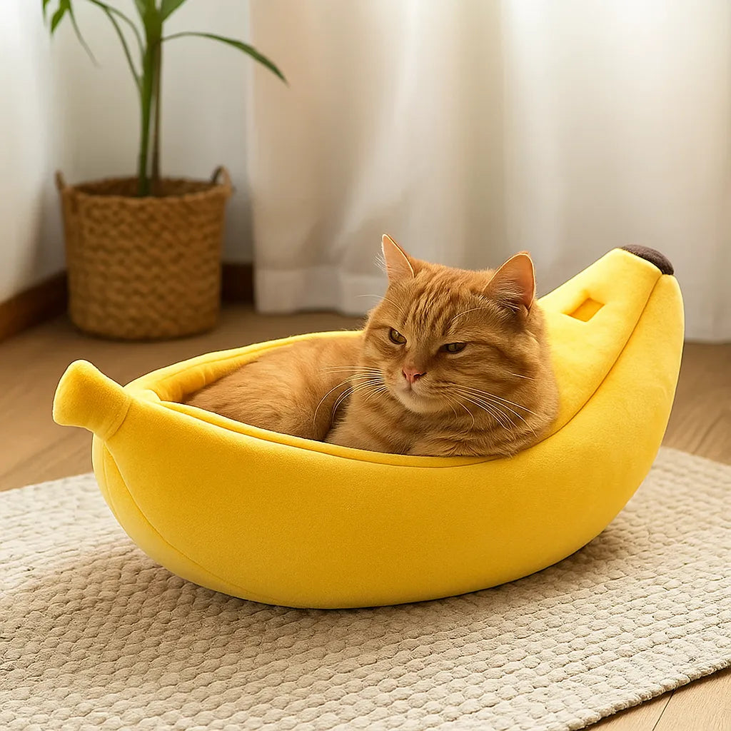 Katzenbett in Bananenform – Weiches Kuschelnest für Geborgenheit &amp; besseren Schlaf