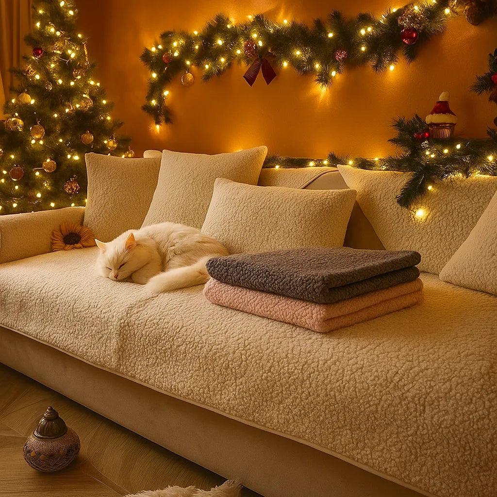 Plüsch Sofabezug Winter | Kuscheliger &amp; rutschfester Couchschutz