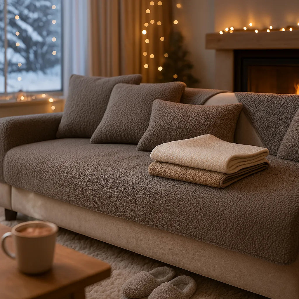 Plüsch Sofabezug Winter | Kuscheliger &amp; rutschfester Couchschutz