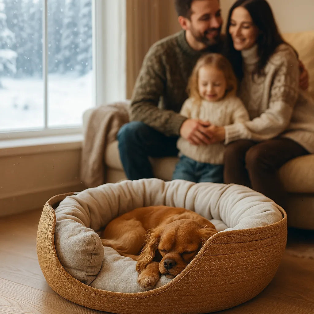 Hundebett geflochten – Atmungsaktiv &amp; mit waschbarem Kissen