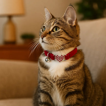 Katzenhalsband mit Herz &amp; Glöckchen | Weiches Samtband mit Sicherheitsverschluss