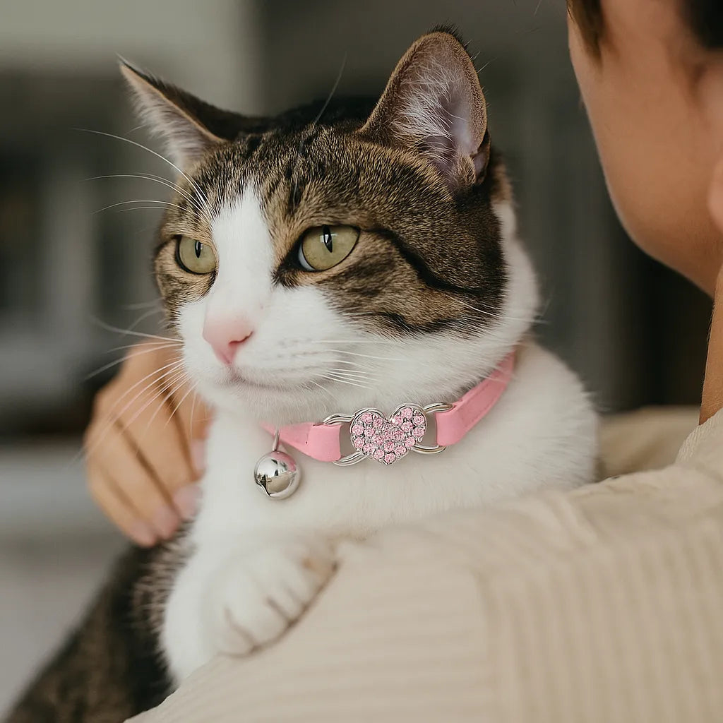 Katzenhalsband mit Herz &amp; Glöckchen | Weiches Samtband mit Sicherheitsverschluss