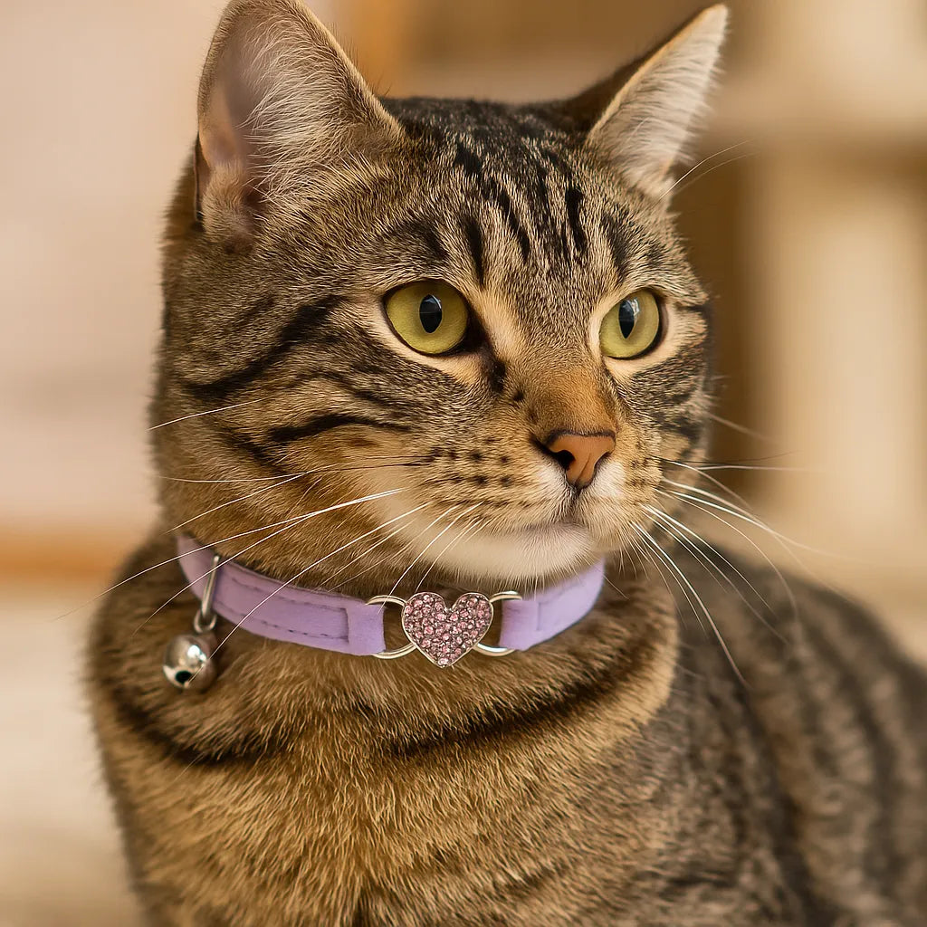 Katzenhalsband mit Herz &amp; Glöckchen | Weiches Samtband mit Sicherheitsverschluss