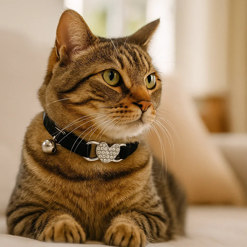 Katzenhalsband mit Herz &amp; Glöckchen | Weiches Samtband mit Sicherheitsverschluss