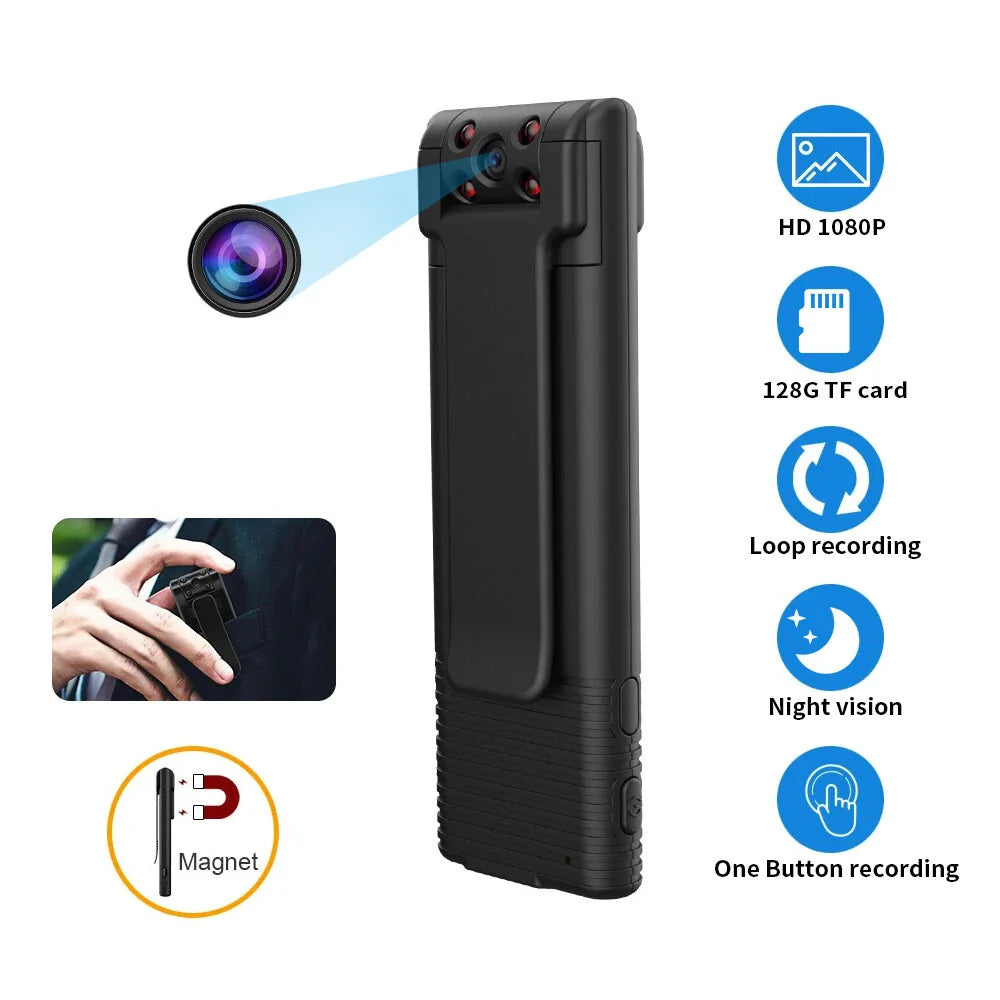 1080P Mini HD DV Kamera | Tragbarer Mikro Rekorder mit Nachtsicht | Körper Camcorder Unterstützt 128GB TF Karte