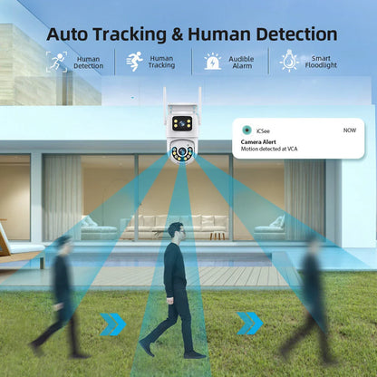 Dual-Lens 6MP WiFi IP Kamera mit Schwenk-Neigefunktion, Audio, Nachtsicht, Menschenerkennung, Cloud-Speicher, wasserdicht IP66, kompatibel mit icsee App
