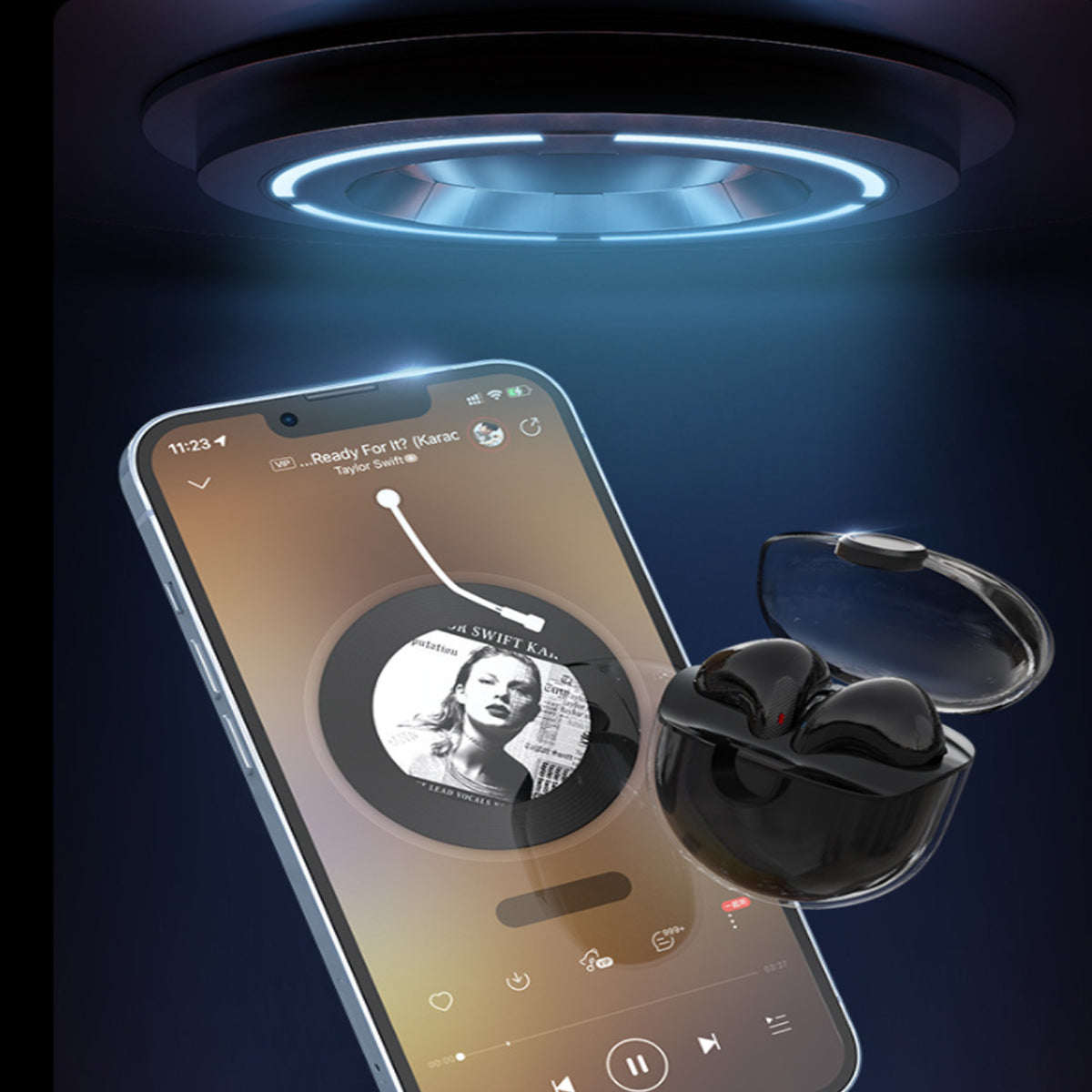 Klarer Bluetooth-Kopfhörer mit Ladegerät