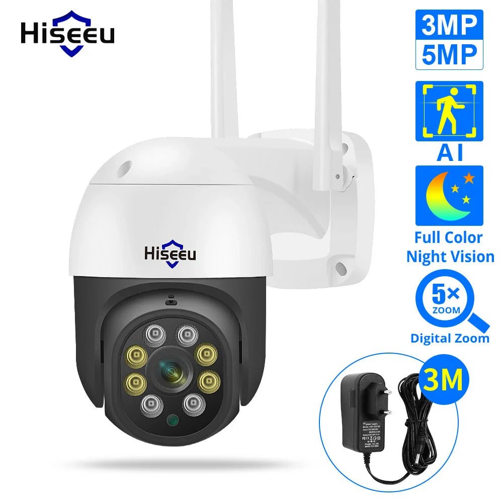 Hiseeu Outdoor PTZ IP Kamera 3MP/5MP, KI Menschenerkennung, H.265X Wireless WiFi, iCsee P2P Sicherheitsüberwachung