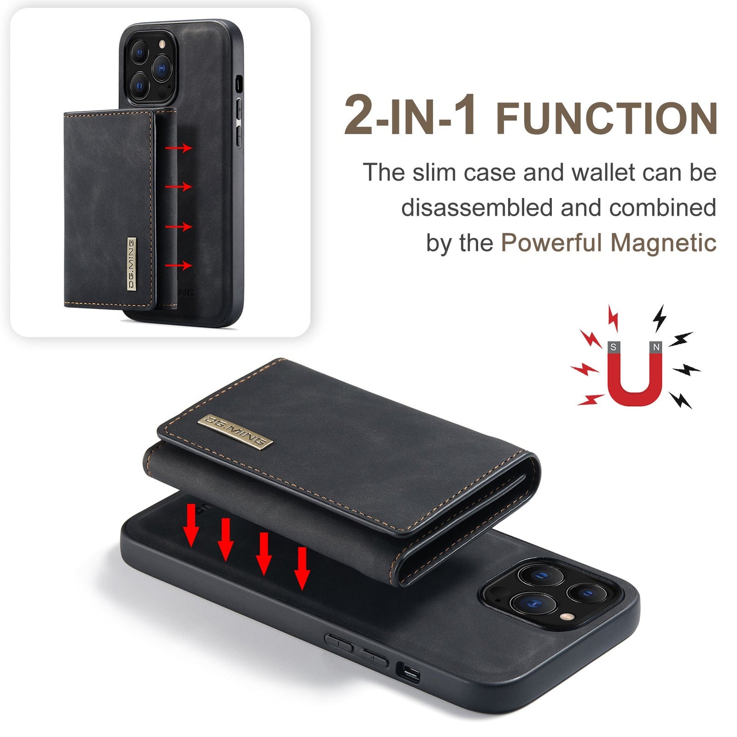 Magnetische 2-in-1 abnehmbare Leder-Telefonhülle mit Kartenetui für iPhone 15 14 13