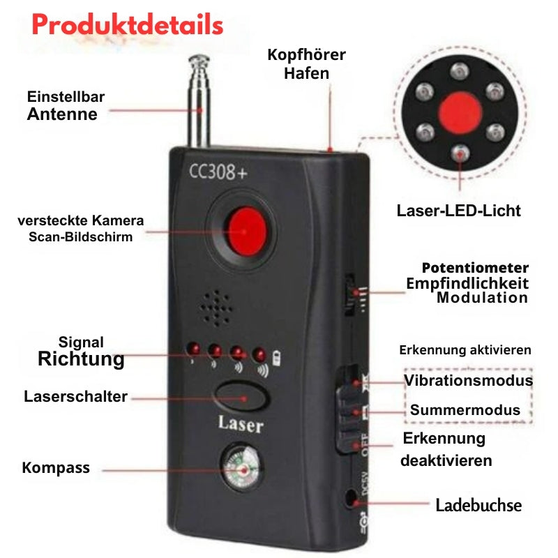 Zelara - Versteckte Kamera und Wanzendetektor mit Objektivsucher und RF Scanner
