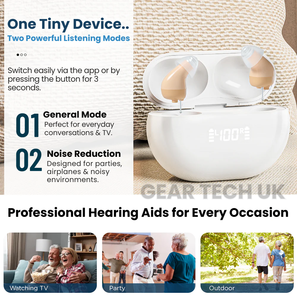 Unsichtbare Hörgeräte zur Tinnitus-Linderung | Diskrete wiederaufladbare Geräuschunterdrückungs-Hörgeräte mit Bluetooth-App-Steuerung UK