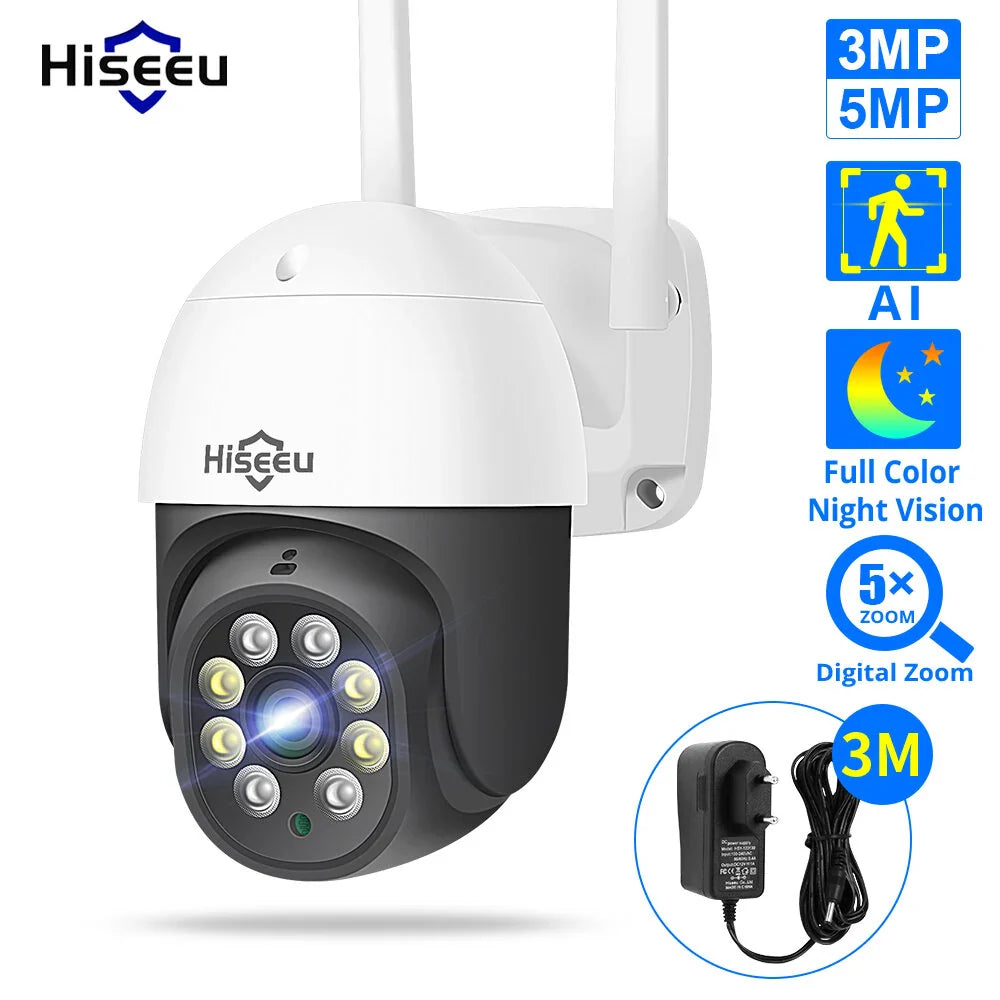 Hiseeu Outdoor PTZ IP Kamera 3MP/5MP, KI Menschenerkennung, H.265X Wireless WiFi, iCsee P2P Sicherheitsüberwachung