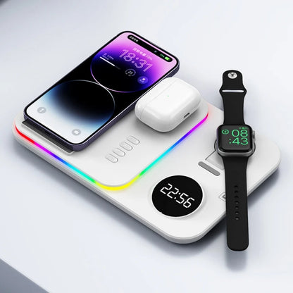 5-in-1 Kabellose Schnellladestation 30W Premium mit LED | Wireless Fast Charging Dock, Ladegerät mit Ständer und Wecker für iPhone, Samsung, Android, Apple &amp; Galaxy Watch, AirPods