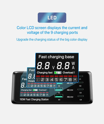 110W 8-Port USB Typ-C Ladestation Kabellose Schnell Ladegerät Digitalem Bildschirm | Wireless Charging Station iPhone, Samsung, Android, Handy, Tablet