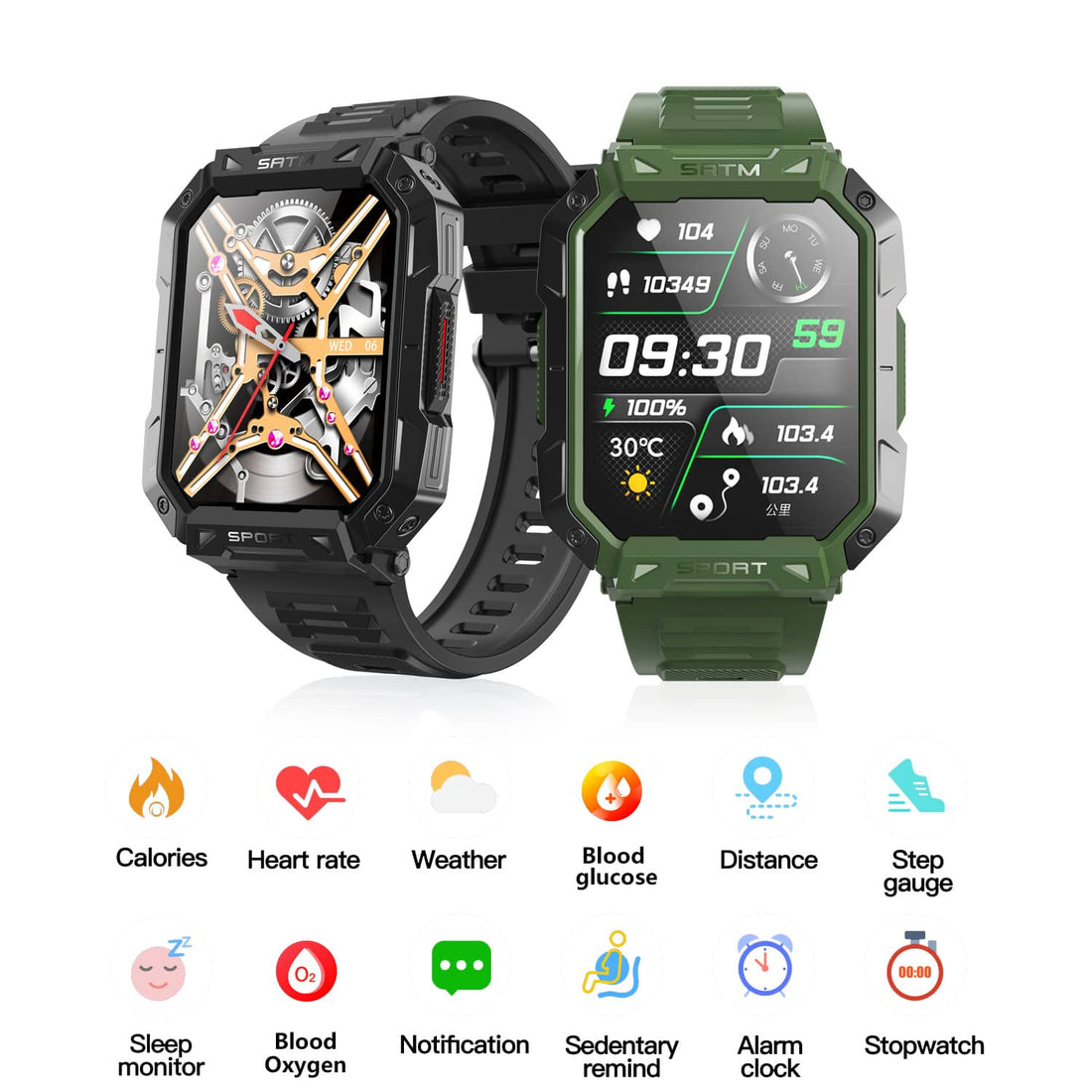 Zelara 2,10-Zoll-HD-Großbild-EKG/EKG-Blutzucker-Sport-Bluetooth-Gesundheits-Smartwatch