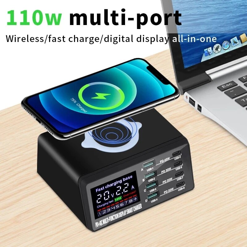 110W 8-Port USB Typ-C Ladestation Kabellose Schnell Ladegerät Digitalem Bildschirm | Wireless Charging Station iPhone, Samsung, Android, Handy, Tablet