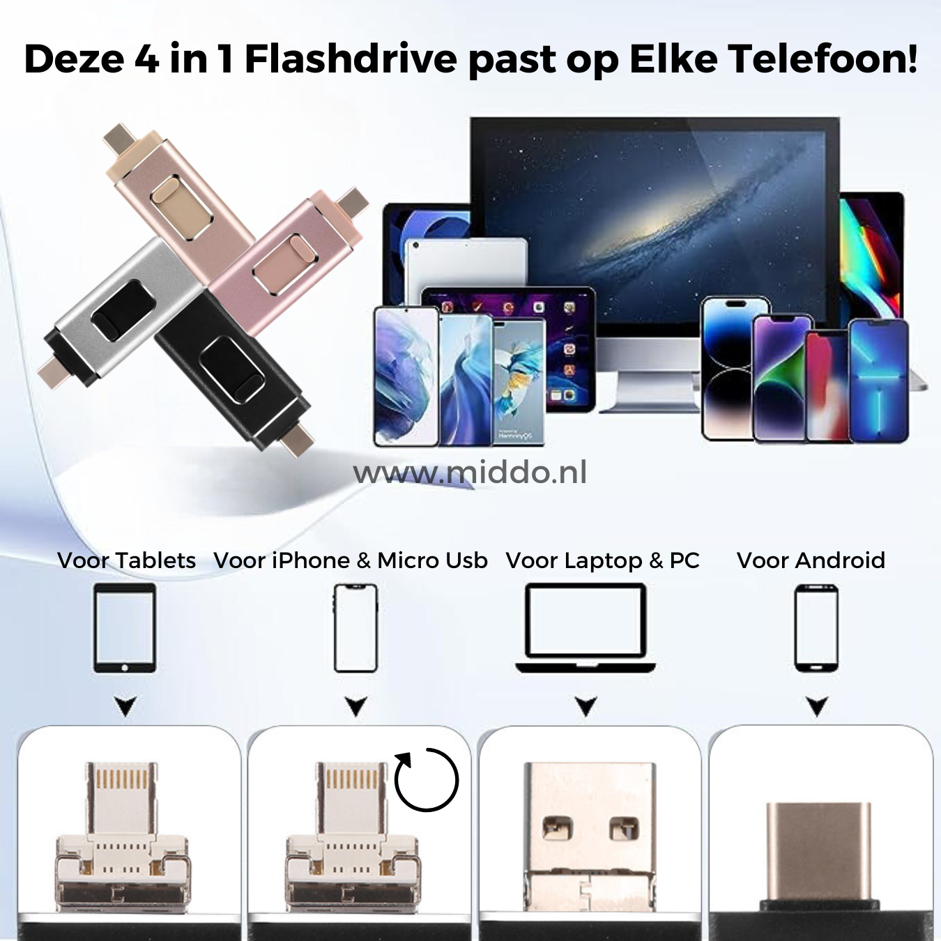 Zelara mehr ein volles Mobil mit unserem 4 in 1 Flashdrive. Dieser passt auf jedes Gerät!