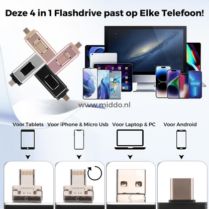 Zelara mehr ein volles Mobil mit unserem 4 in 1 Flashdrive. Dieser passt auf jedes Gerät!