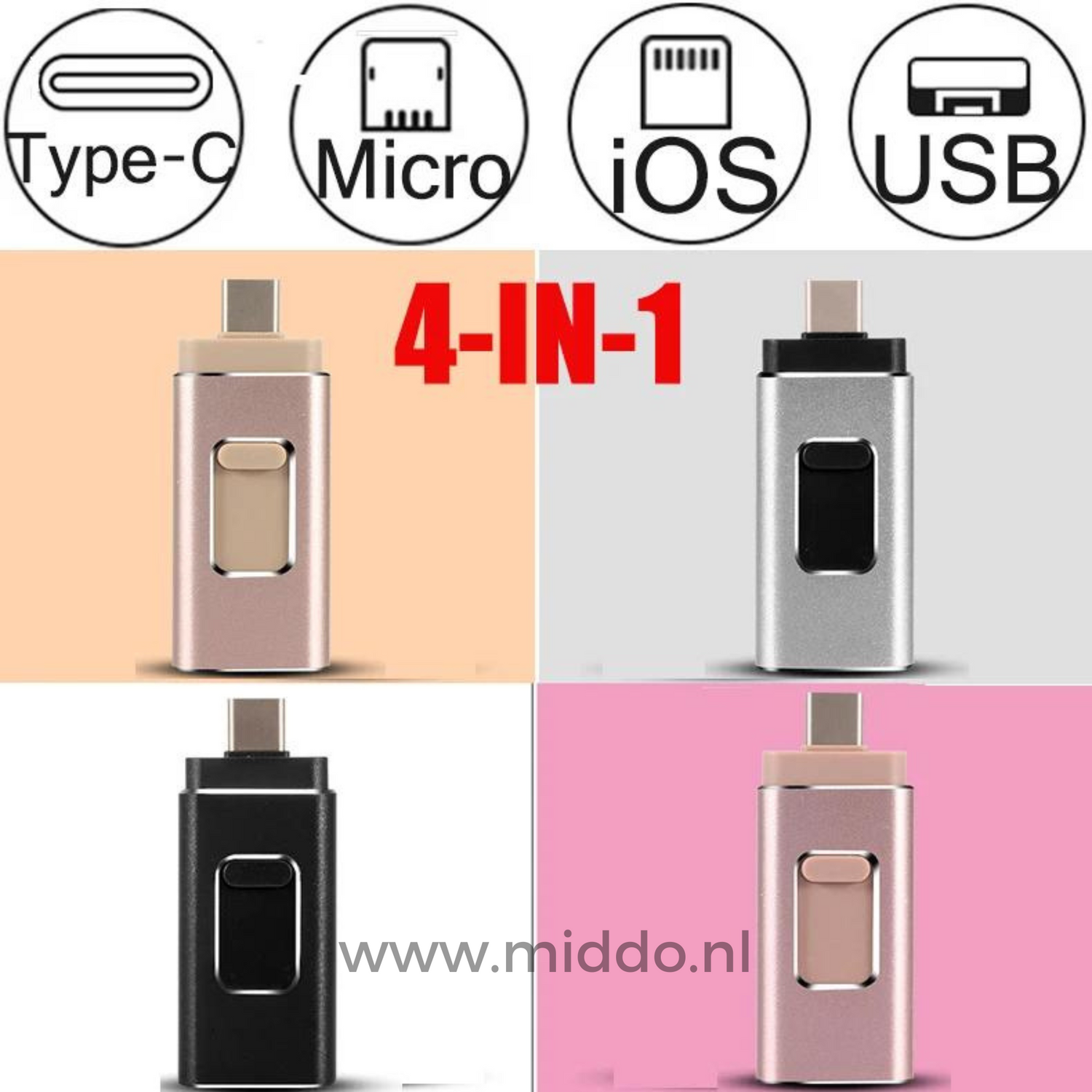 Zelara mehr ein volles Mobil mit unserem 4 in 1 Flashdrive. Dieser passt auf jedes Gerät!