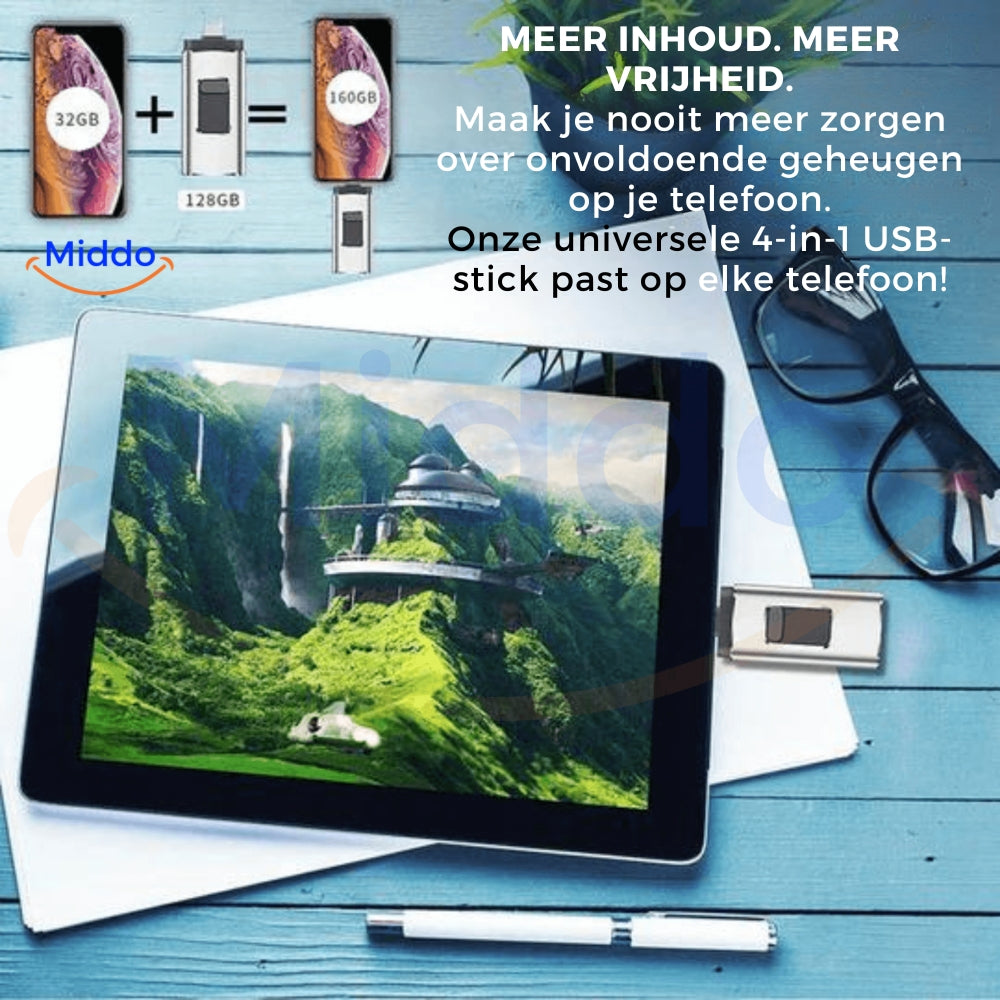Zelara mehr ein volles Mobil mit unserem 4 in 1 Flashdrive. Dieser passt auf jedes Gerät!