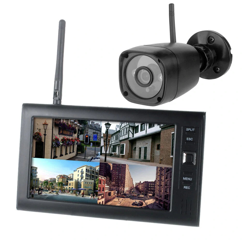 7-Zoll Wireless-Sicherheitssystem: 4-Kanal-Monitor &amp; wetterfeste Nachtsichtkameras