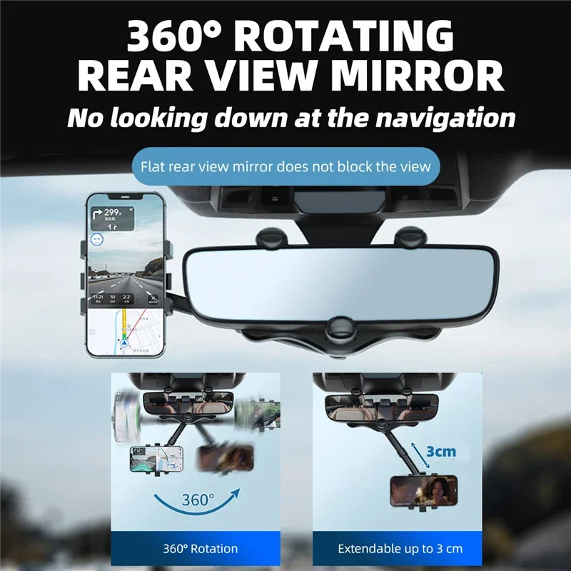 Drehbarer und einziehbarer Auto-Handyhalter - 360-Grad-Rückspiegel-Handyhalter