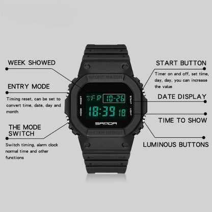 Taktische Schwarz-auf-Schwarz Sportuhr - Robustes digitales Design mit wasserdichter nicht-analoger Uhr