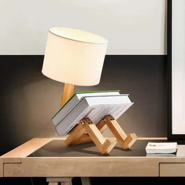 Hölzerne Tischlampe mit Bücherhalter - Flexibel &amp; Modern