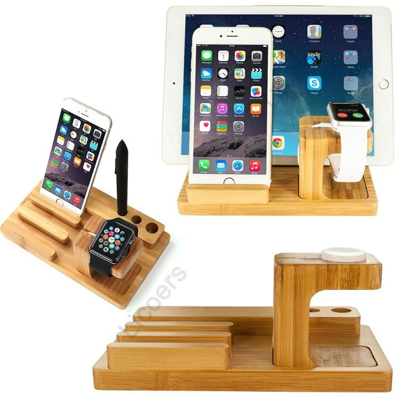 3-in-1 Bambus-Holz Ladestation: Premium Ladegerät-Ständer für iPhone, Apple Watch &amp; iPad, Handy-Halter | AirPods &amp; iOS-Geräte Wireless Charging Dockingstation