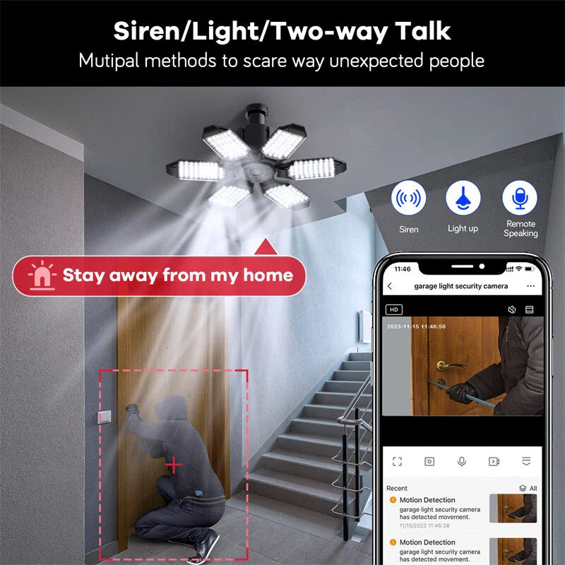 Guudgo E27 WiFi Garage Kamera mit 6-Panel LED-Lichtern, Bewegungsmeldung, Nachtsicht, Zwei-Wege-Gespräch, App-Überwachung, Smart Home Sicherheit