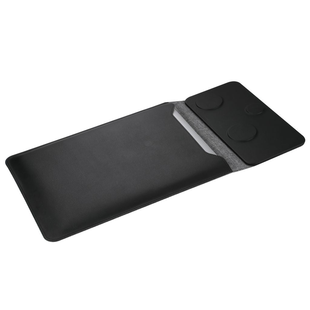 5-in-1 Laptop-Hülle aus veganem Leder mit kabellosem Ladegerät für iPhone, AirPods und Apple Watch – Mauspad &amp; Schnellladung