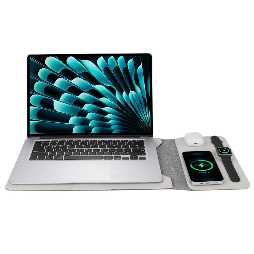5-in-1 Laptop-Hülle aus veganem Leder mit kabellosem Ladegerät für iPhone, AirPods und Apple Watch – Mauspad &amp; Schnellladung
