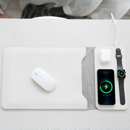 5-in-1 Laptop-Hülle aus veganem Leder mit kabellosem Ladegerät für iPhone, AirPods und Apple Watch – Mauspad &amp; Schnellladung