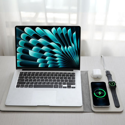 5-in-1 Laptop-Hülle aus veganem Leder mit kabellosem Ladegerät für iPhone, AirPods und Apple Watch – Mauspad &amp; Schnellladung